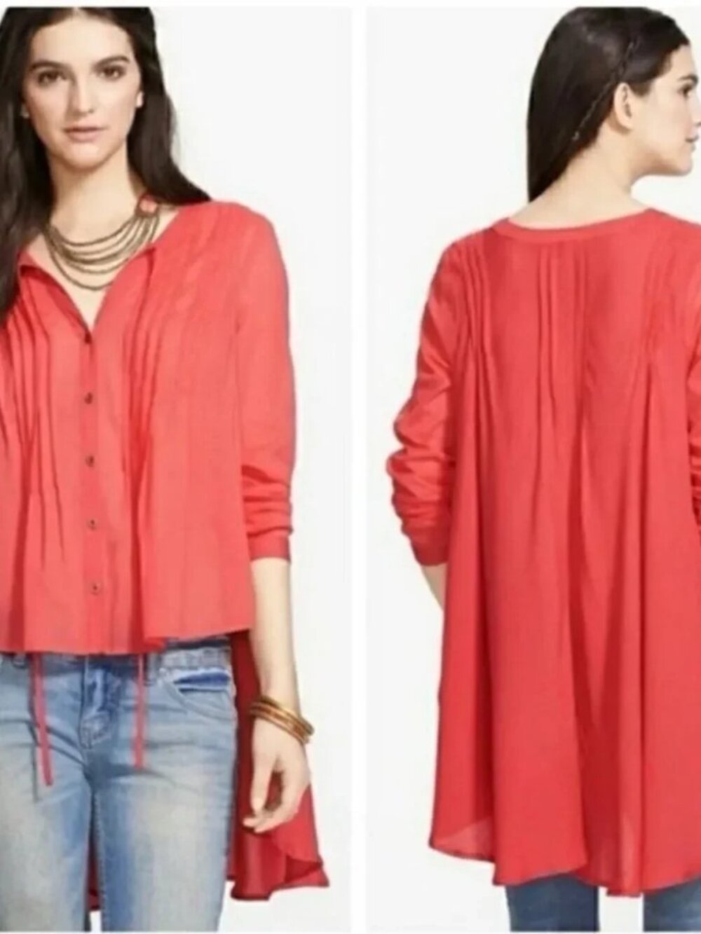 Free People Boho Blouse High-Low Sisters Of The Moon Coral Pleated Top Size S/P